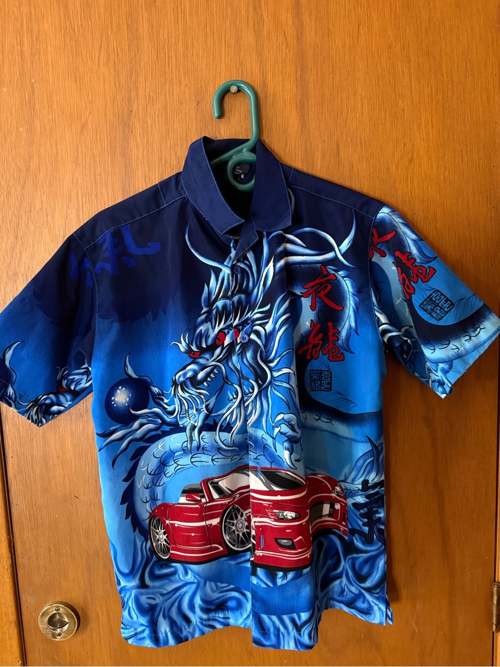 Blue Graphic Dragon & Red Car Button-Up Shirt Size Large